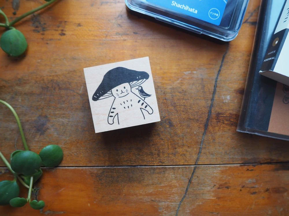 4legs - Mushroom Cat Stamp - Cat and Bird