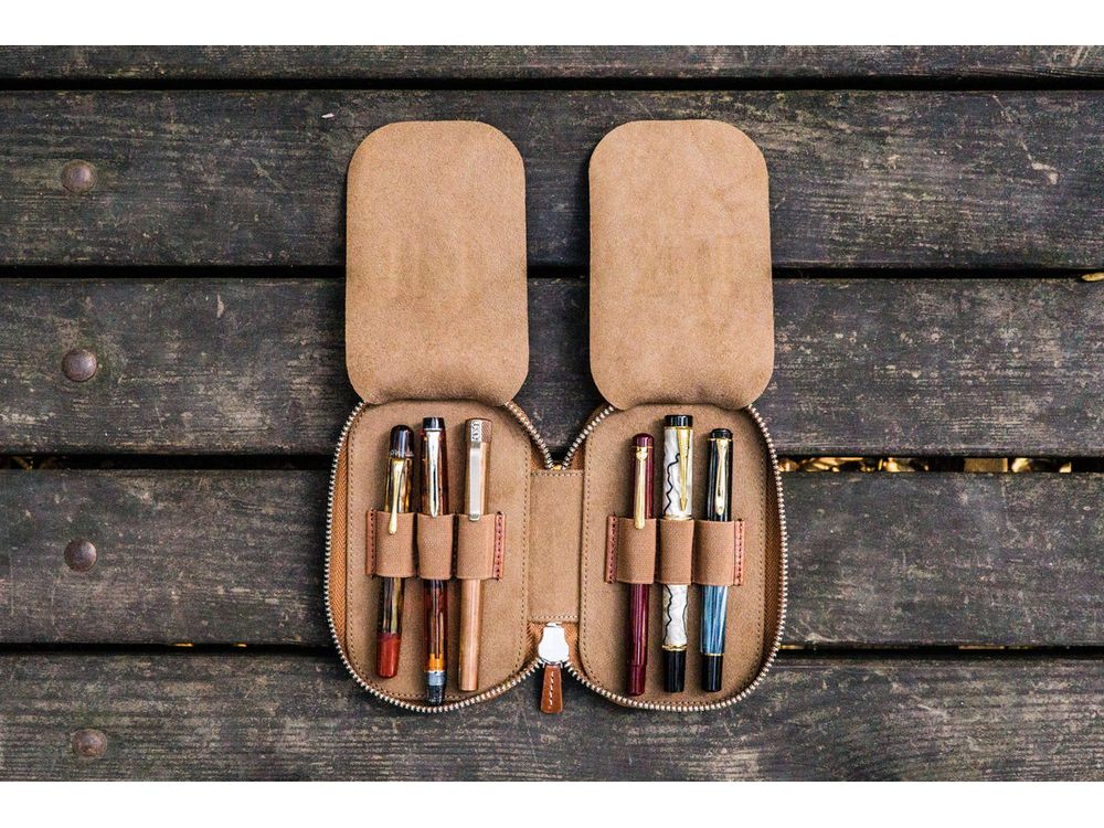 Galen Leather - Leather Zippered 6 Slots Pen Case - Brown - Image 2