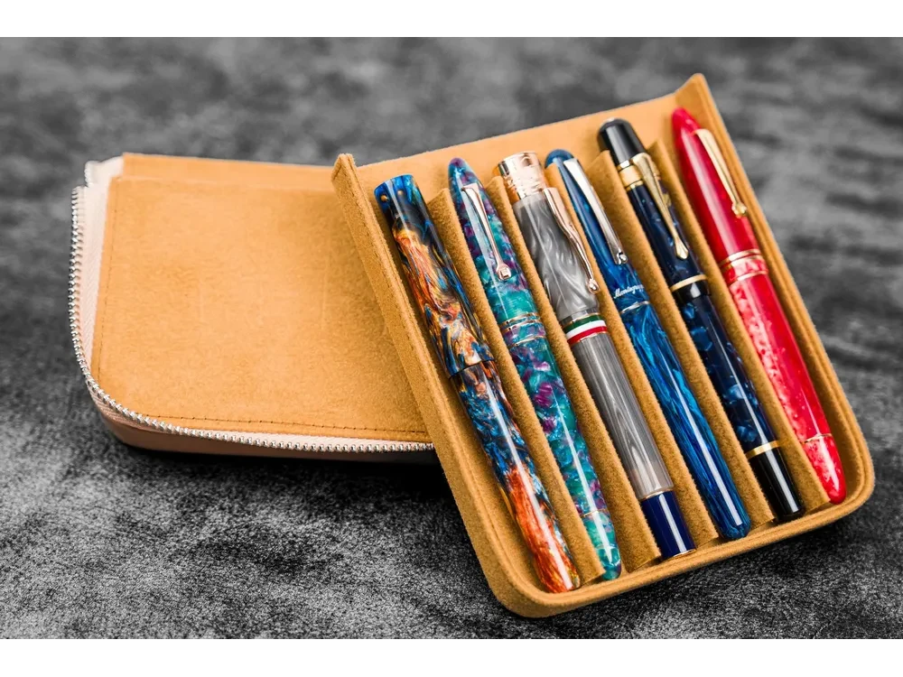 Galen Leather - Leather Zippered Magnum Opus 6 Slots Hard Pen Case with Removable Pen Tray - Undyed - Image 2